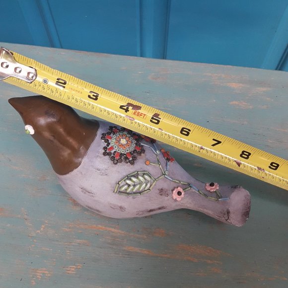 Carved Wood Bird Boho Hippie Decor Wooden Bird Figurine Embellished Beaded Art - Picture 16 of 16